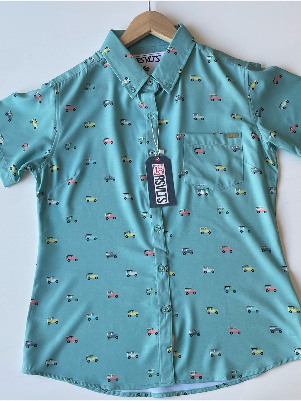 RSVLTS Women’s Teal KUNUFLEX Short Sleeve Shirt with Car Print NWT - Picture 3 of 16